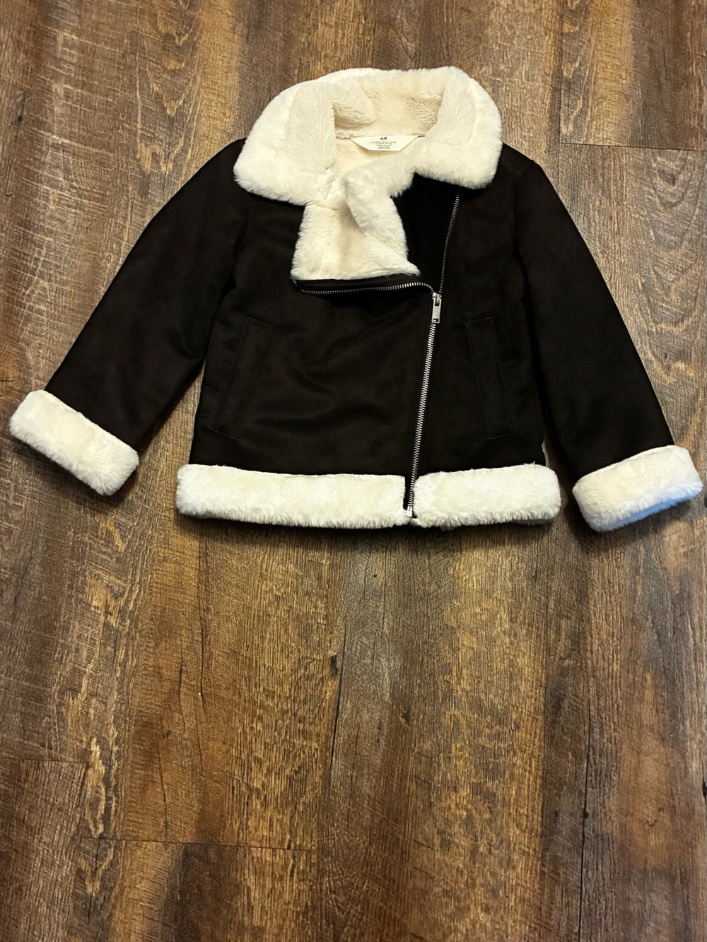 H&M Girls Black Jacket with Cream Faux-Shearling Trim